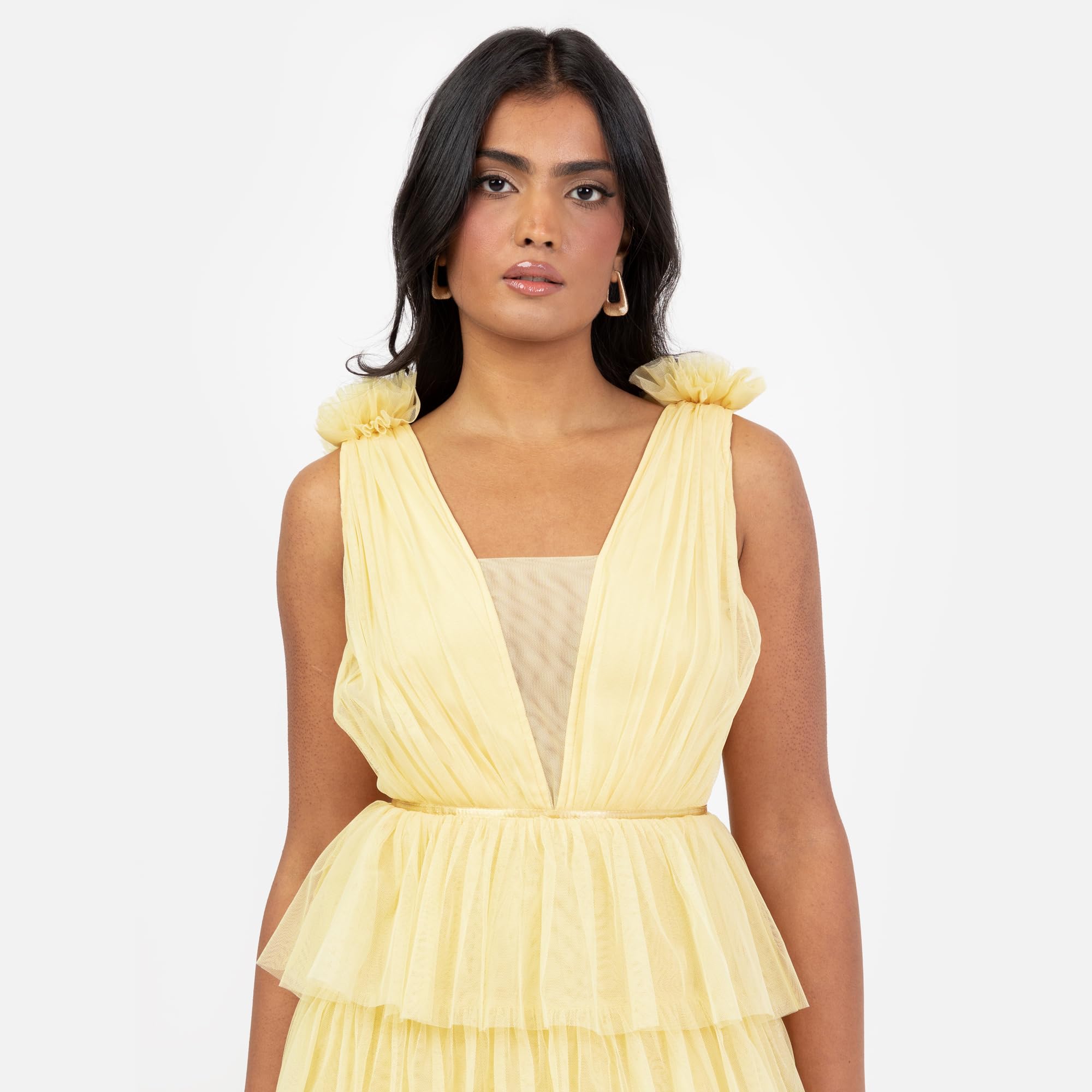 Women's Maxi Dress Ladies Recycled Sleeveless Plunge Front Ruffle Tiered Skirt A-line Wedding Guest Bridesmaid Ball Gown