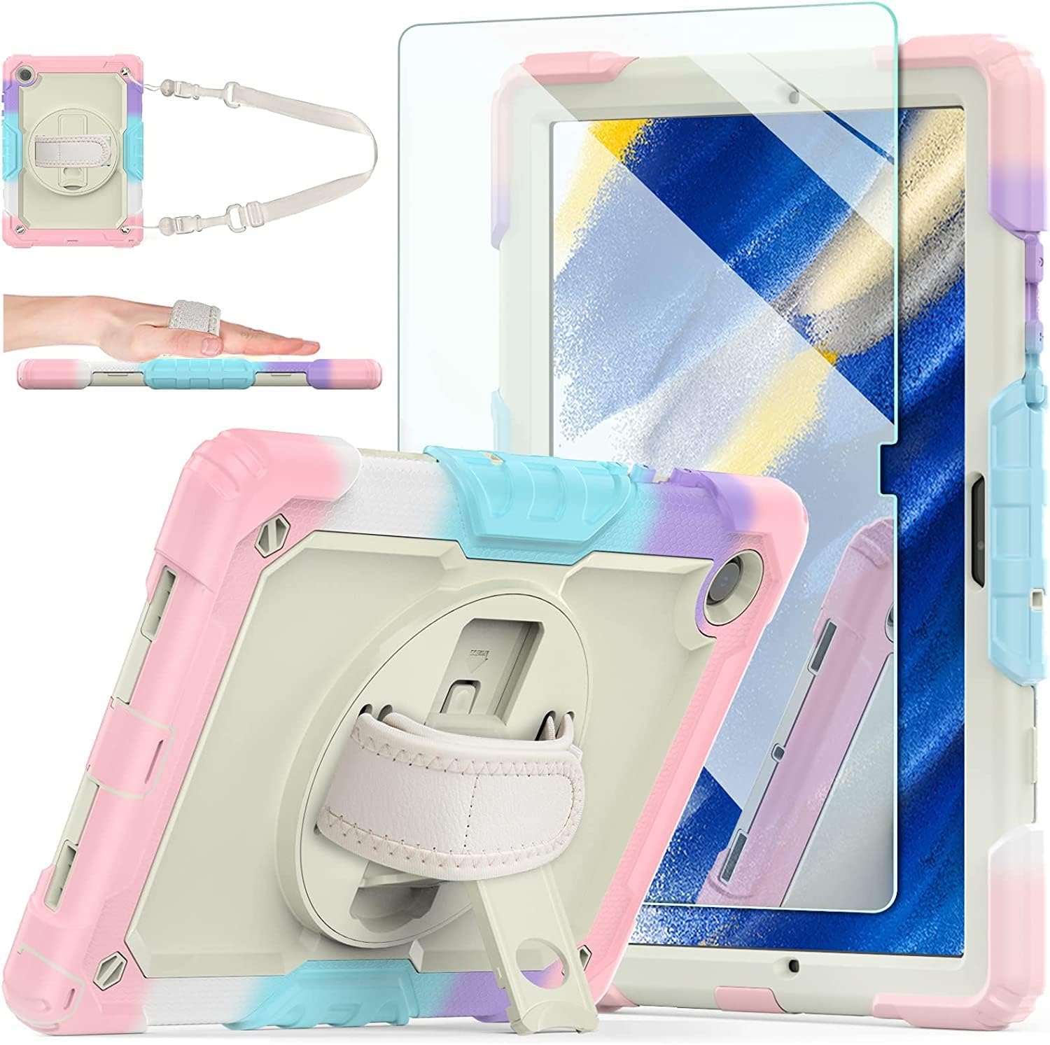 JSUSOU Samsung Galaxy Tab A8 Case 10.5 Inch 2022 SM-X200/X205/X207 with Tempered Glass Screen Protector | Kids Case for Galaxy Tab A8 w/S Pen Holder Stand Hand Strap &Shoulder Strap | Pink