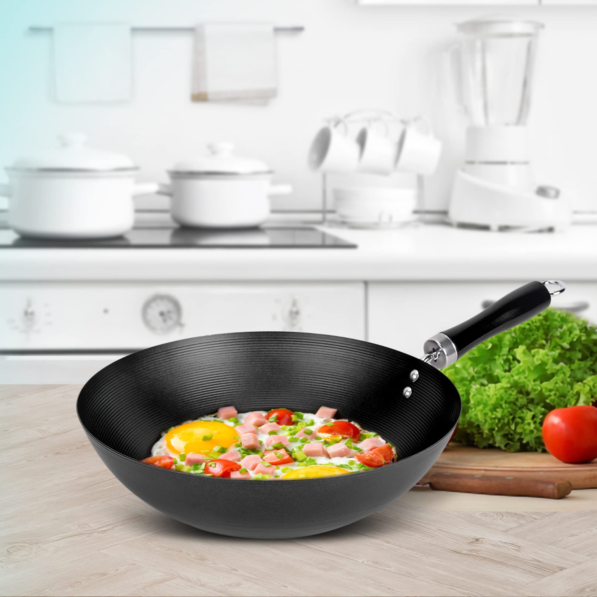 AnkoAustralia Non-Stick Carbon Steel Frying Pan | Soft-Touch Bakelite Handle | Electric, Gas, Ceramic & Halogen Cooktops | Cookware for Kitchen | PFOA Free | 30cm (D) (1Pc)
