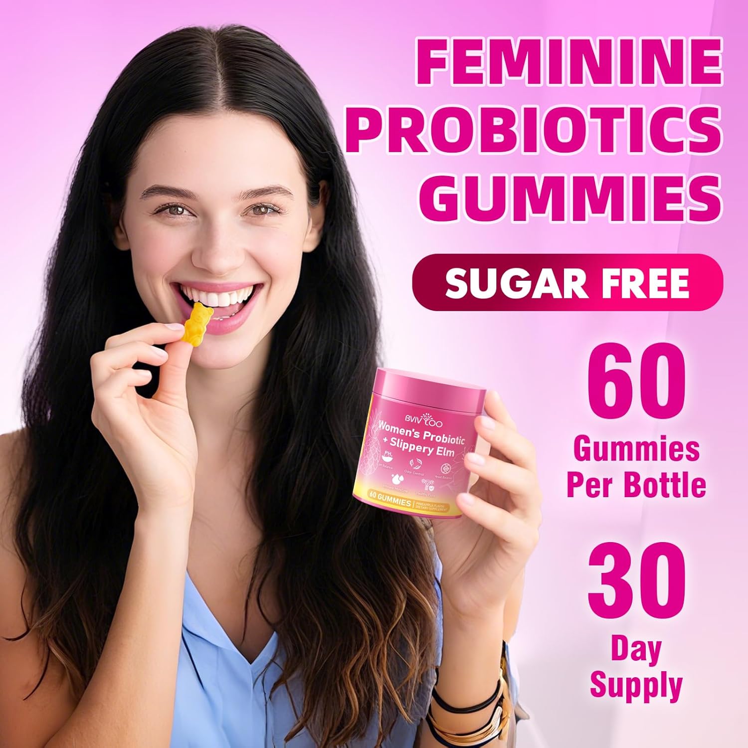 Women's Probiotic Slippery Elm Gummies - Her Juicy Probiotics for Feminine Health, Supports pH Balance & Immune System, Pineapple Flavor, 60 Count - Image 6