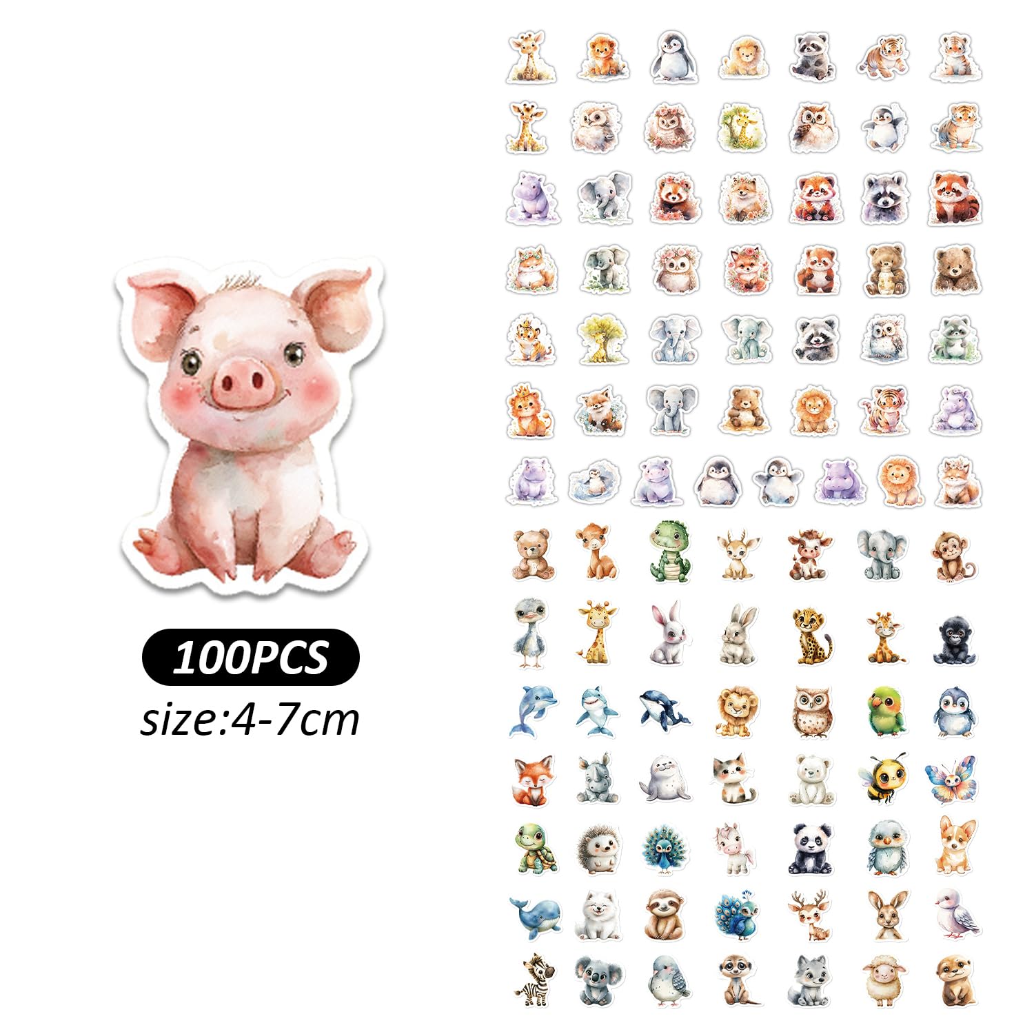 EJUFNS 100 Cute Watercolor Animal Stickers, Cartoon Creative Animal Stickers for Children Diy Decorative Graffiti Stickers - Image 2