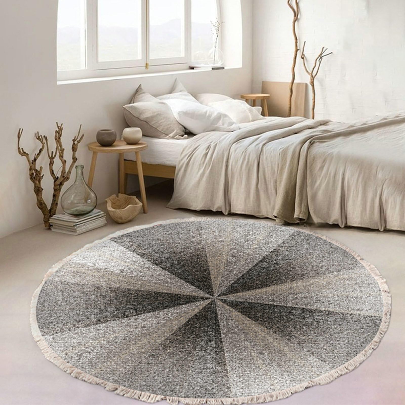 Tappeti Da Camera Da Letto Scendiletto, 90CM Poliestere Rotondo Tappeto Cucina Antiscivolo Lavabile, per Soggiorno Camera Da Letto, Modello triangolare, Nero Grigio Beige, Stile 1