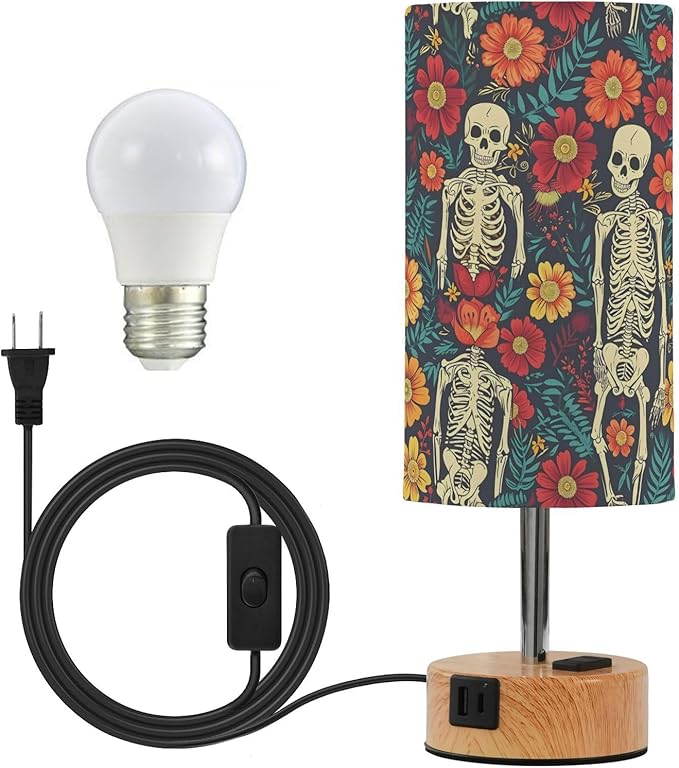 ALAZA Bedside Table Lamp Skull Skeleton Sugar Flower Touch Lamp for Bedroom 3 Way Dimmable Nightstand with USB Charging Ports Living Room, LED Bulb Included