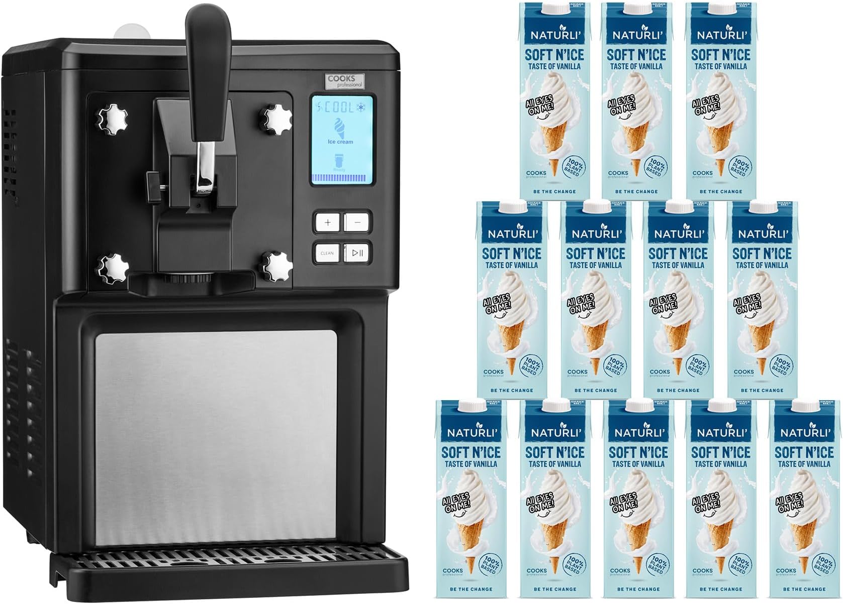 Cooks Professional Luxury Soft Serve Ice Cream Maker | 1.5L | Self-Cooling Compressor | Auto Cleaning | Digital Display | Perfect for Whippy Sundaes & Desserts | Includes 12 x 1L Dairy-Free Vegan Mix
