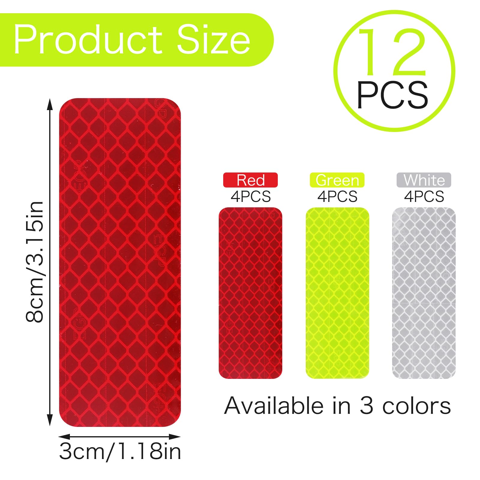 12Pcs Safety Reflective Stickers, Outdoor Waterproof Reflective Tape, High Visibility Bicycle Safety Warning Stickers, Self Adhesive Reflecting Tape for Vehicle Motorcycles Helmets(Green+White+Red)
