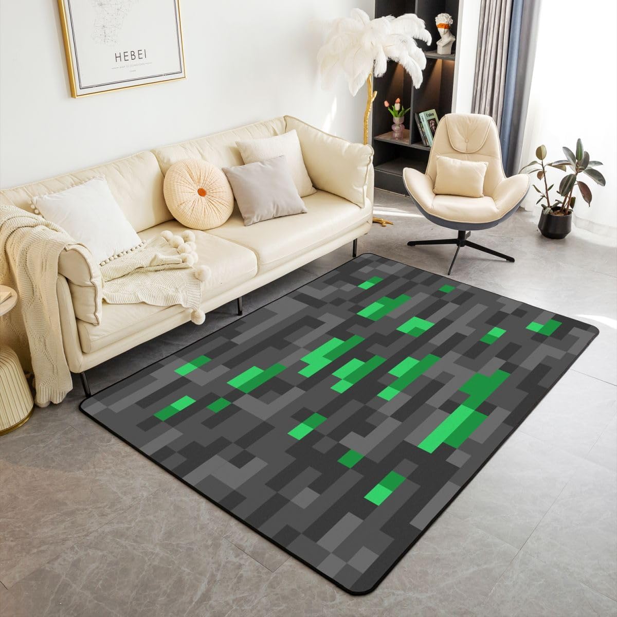 Manfei Pixel Grid Miners Kids Area Rug,Video Games Plaid Lattice Indoor Floor Mat Entrance Rug for Girls Boys,Geometric Modern Check Non Slip Rug,Black Green Couch Living Room Decor,5'x6'6''