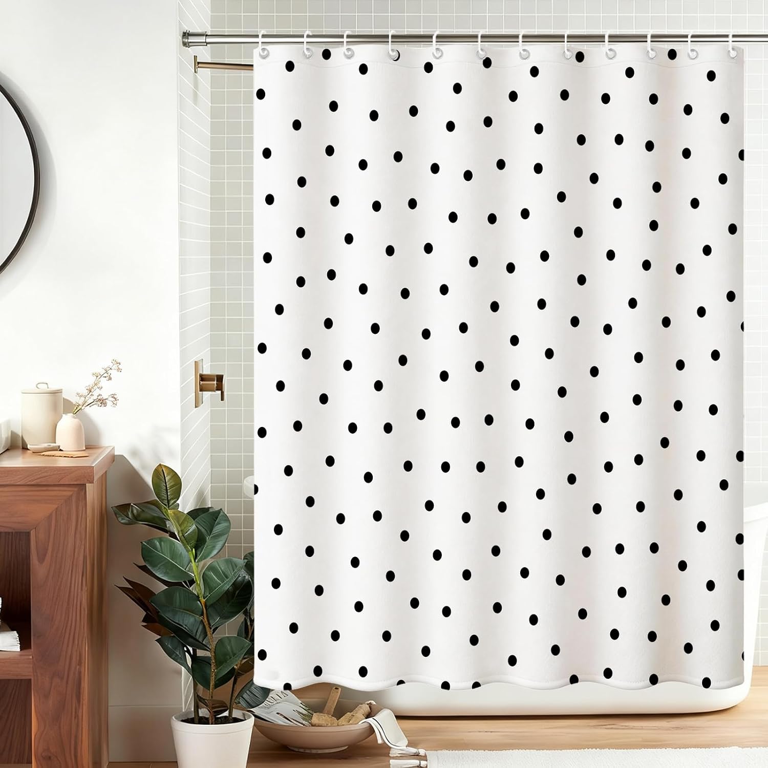 TheBlackSpot Polka Dot Shower Curtain Black and White Small Circle Bath Curtains Decor Sets Grommet with Hooks 72W x 72H inches