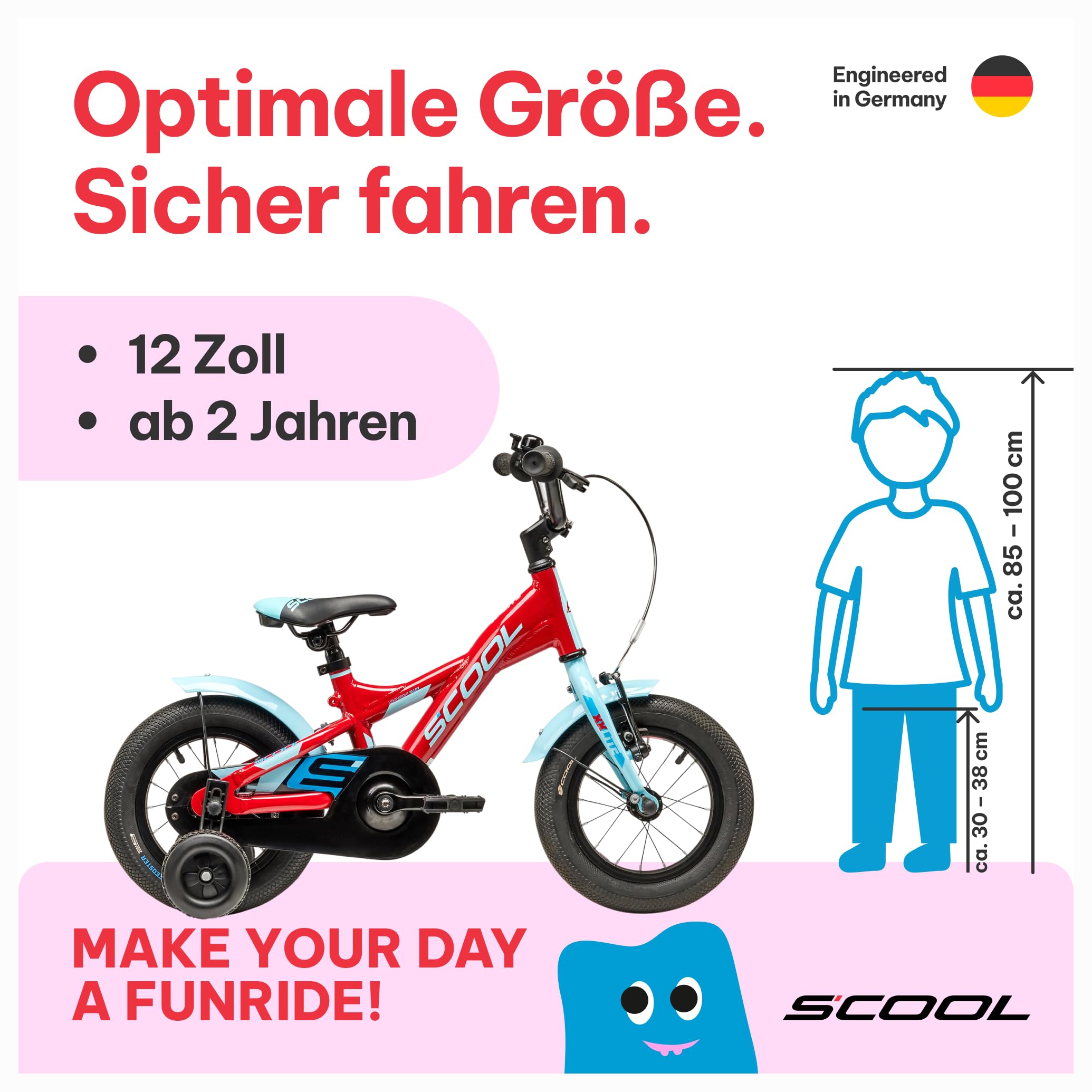 S’COOL XXlite Kinderfahrrad 12 Zoll – Jungenfahrrad – Fahrrad für Kinder 2–4 Jahre – Körpergröße ca. 85–100 cm – Leichtes Kinderrad