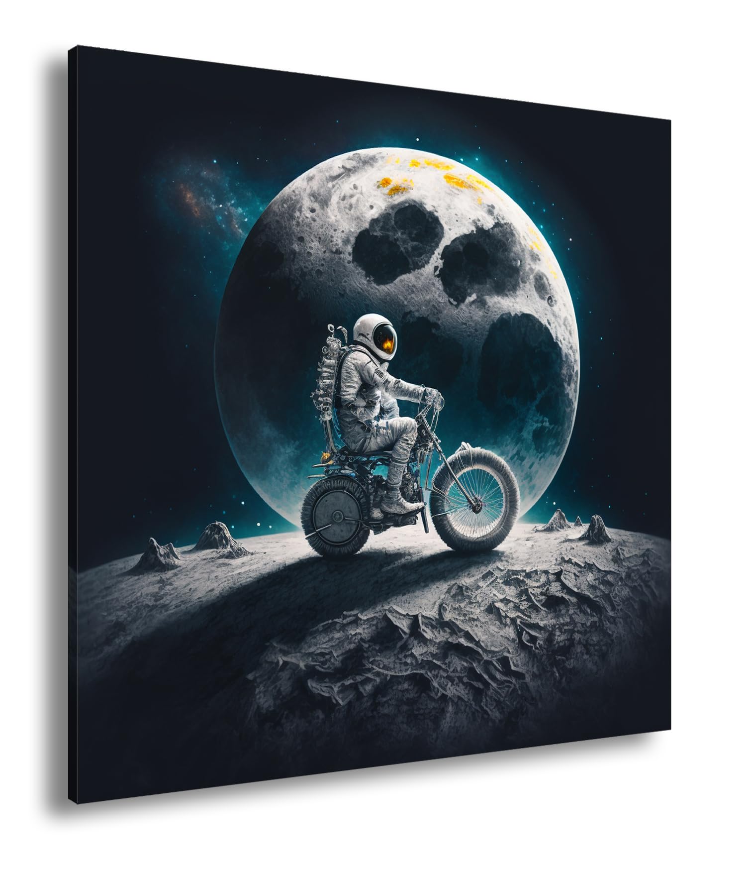 deyoli Obraz na płótnie astronauta na motocyklu przed ogromną pełnią księżyca format: 70 x 70 cm XXL druk artystyczny obraz na blejtramie/obraz ścienny/dekoracja salonu