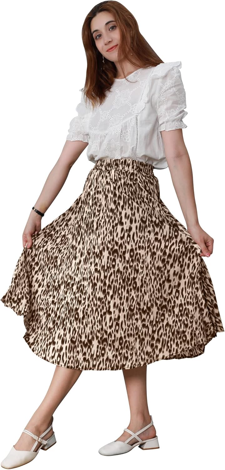 CHARTOU Womens Chic Elastic High Waisted A Line Leopard Print Pleated Shirring Midi-Long Skirt - Image 4