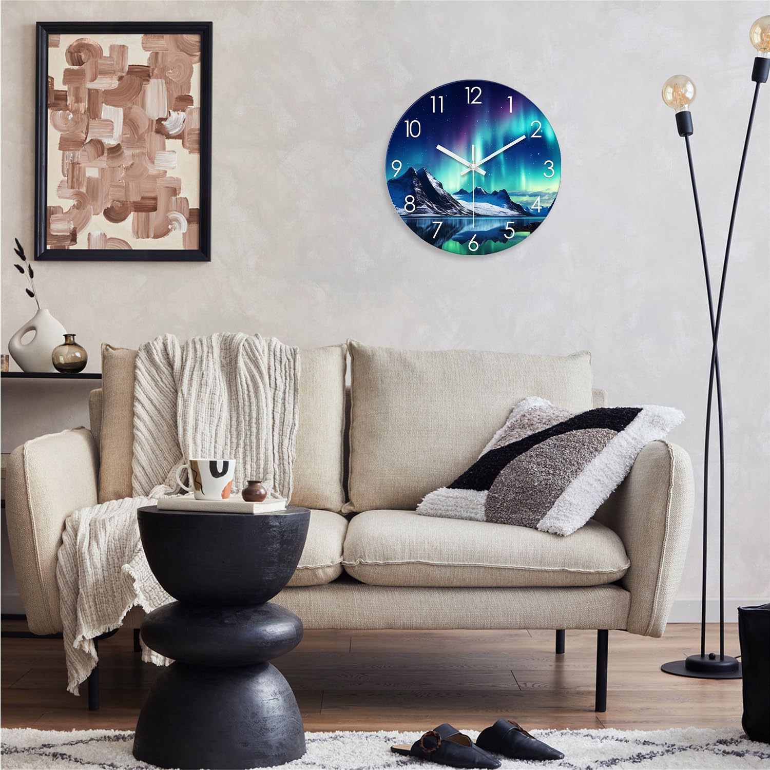 XNM Teal Glass Wall Clocks Battery Operated 12 Inch Aurora Modern Wall Clocks for Living Room Decor Glacier Lake Wall Clock Silent Non Ticking