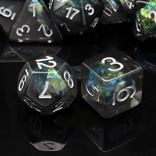 Miniatura 6 de Haxtec DND - Juego de 7 dados de resina color negro con inclusión de Mylar iridiscente, dados poliédricos D&D para juegos de rol, compatibles con