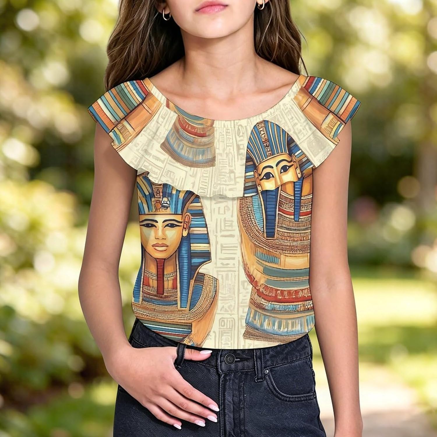 Vintage Ancient Egyptian Pharaoh Statue Girls T-Shirts Top Ruffle Short Sleeve Blouse Casual Graphic Tees