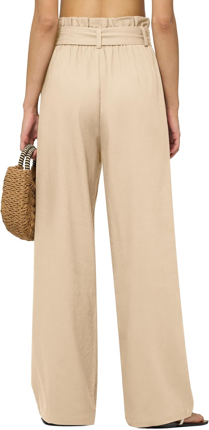 Women Linen Pants 2025 Paperbag Wide Leg Dress Pants High Waisted Work Slacks Tie Knot Trousers with Pockets 30" Khaki XXL - Image 4