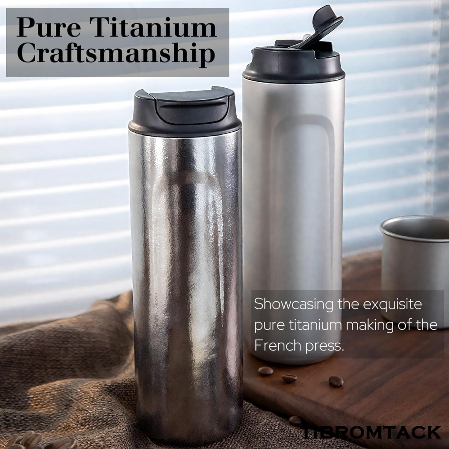 Pure Titanium French Press Coffee Maker, 480ml(16.2 oz) Double - Layer Insulated Portable Lightweight Set for Outdoor Camping, Ice Flower & Matte Finish (Ice crystals)