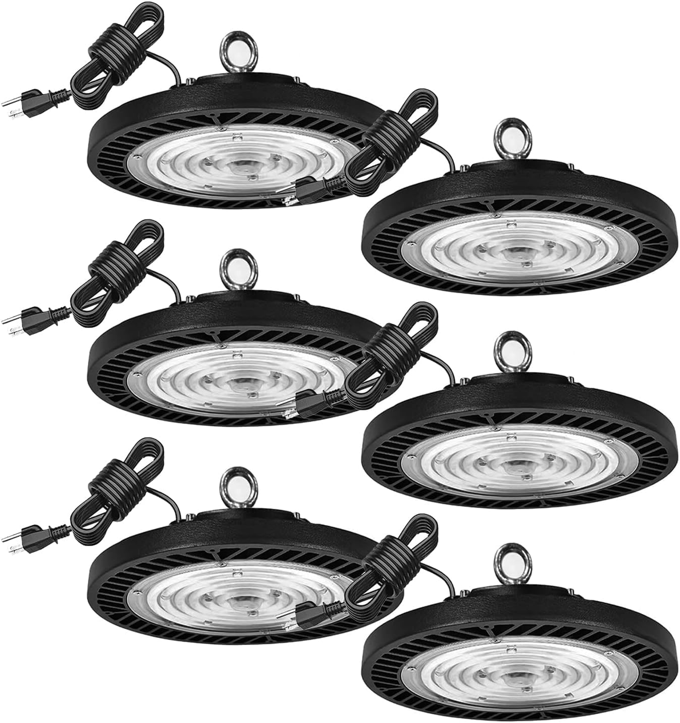 300W-6Pack UFO LED High Bay Light 30000lm 6000K Daylight 2000W Equivalent with US Plug Cable LED Garage Lights