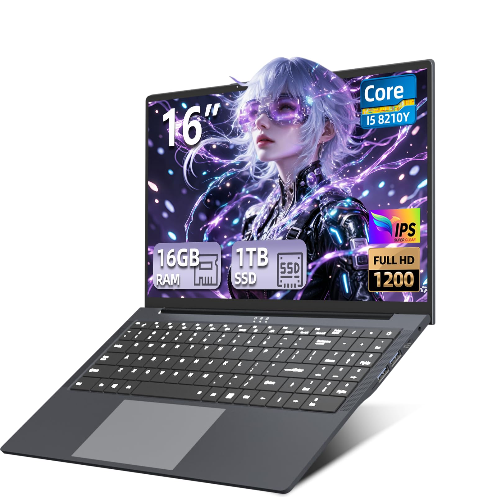 16" Portatile PC Core i5-8210Y, Notebook 16 GB RAM SSD 1 TB, Laptop con display 1920x1200 FHD, Win11 Pro, RJ45, Type-C, USB 3.0, Wi-Fi, BT5.0, tastiera digitale retroilluminata Computer portatile