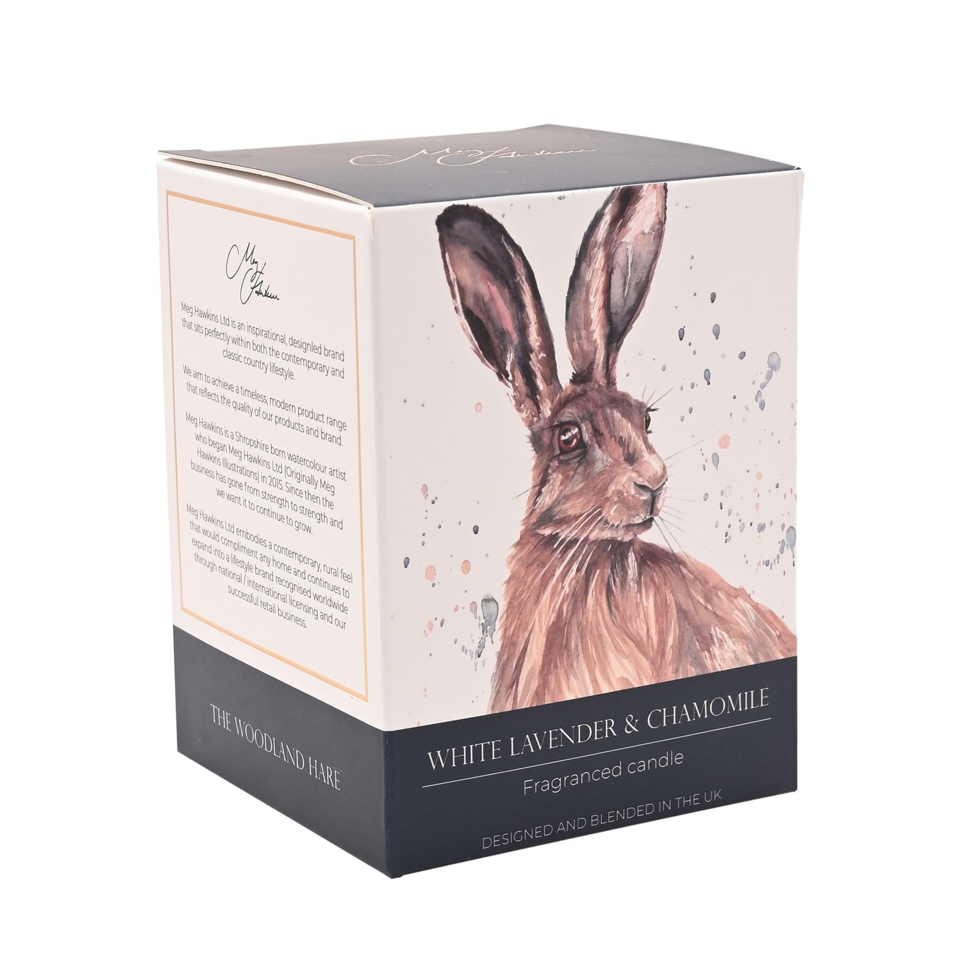Meg Hawkins 250g Candle – Glass Jar with Watercolour Wildlife Design – Luxury Fragranced Home Décor Gift. (Hare - White Lavender & Chamile)