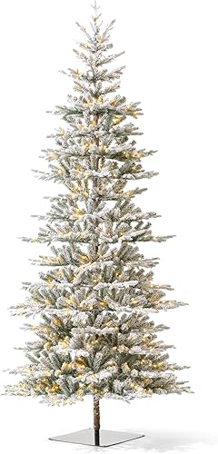 Miniatura 9 de Glitzhome Árbol de Navidad artificial de abeto flocado de lujo de 10 pies, árbol de Navidad con bisagras con 700 luces blancas cálidas, tres
