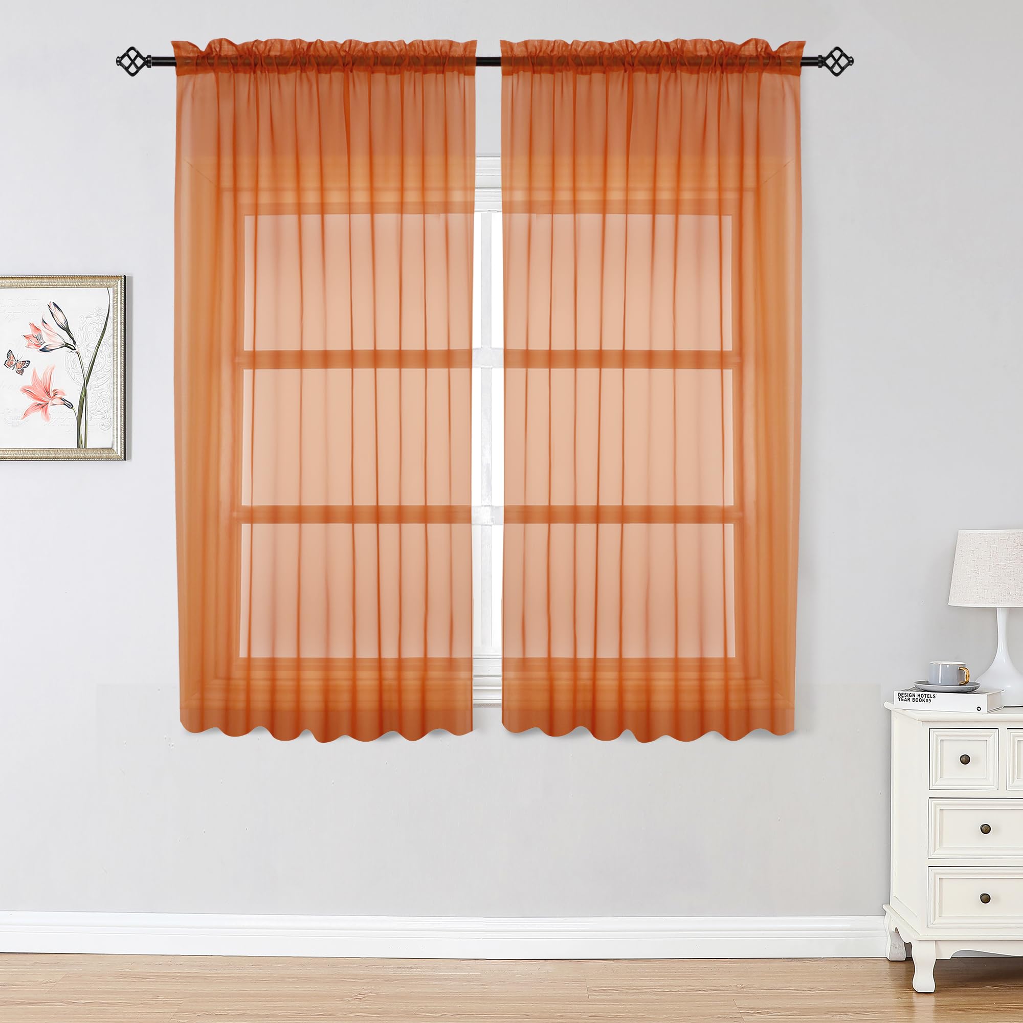 OWENIE Sheer Curtains 54 inches Long for Living Room Bedroom, Rod Pocket Light Filtering Voile Sheers Panels Drapes Small Window Treatments 2 Panels, 42" W x 54" L, Orange