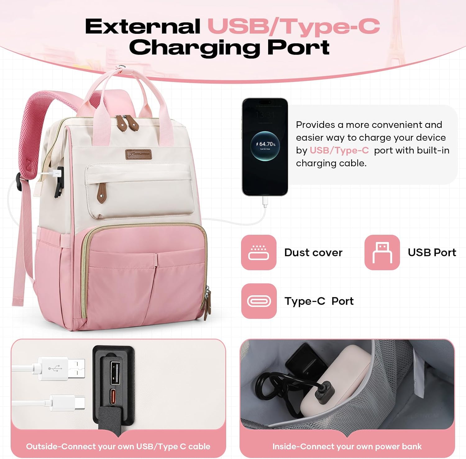 Maelstrom Travel Backpack for Women Men,Laptop Backpack Fits 15.6-17.3 Inch Laptop, Nurse/Work Bag with Insulated Lunch Box (Pink-beige) - Image 8