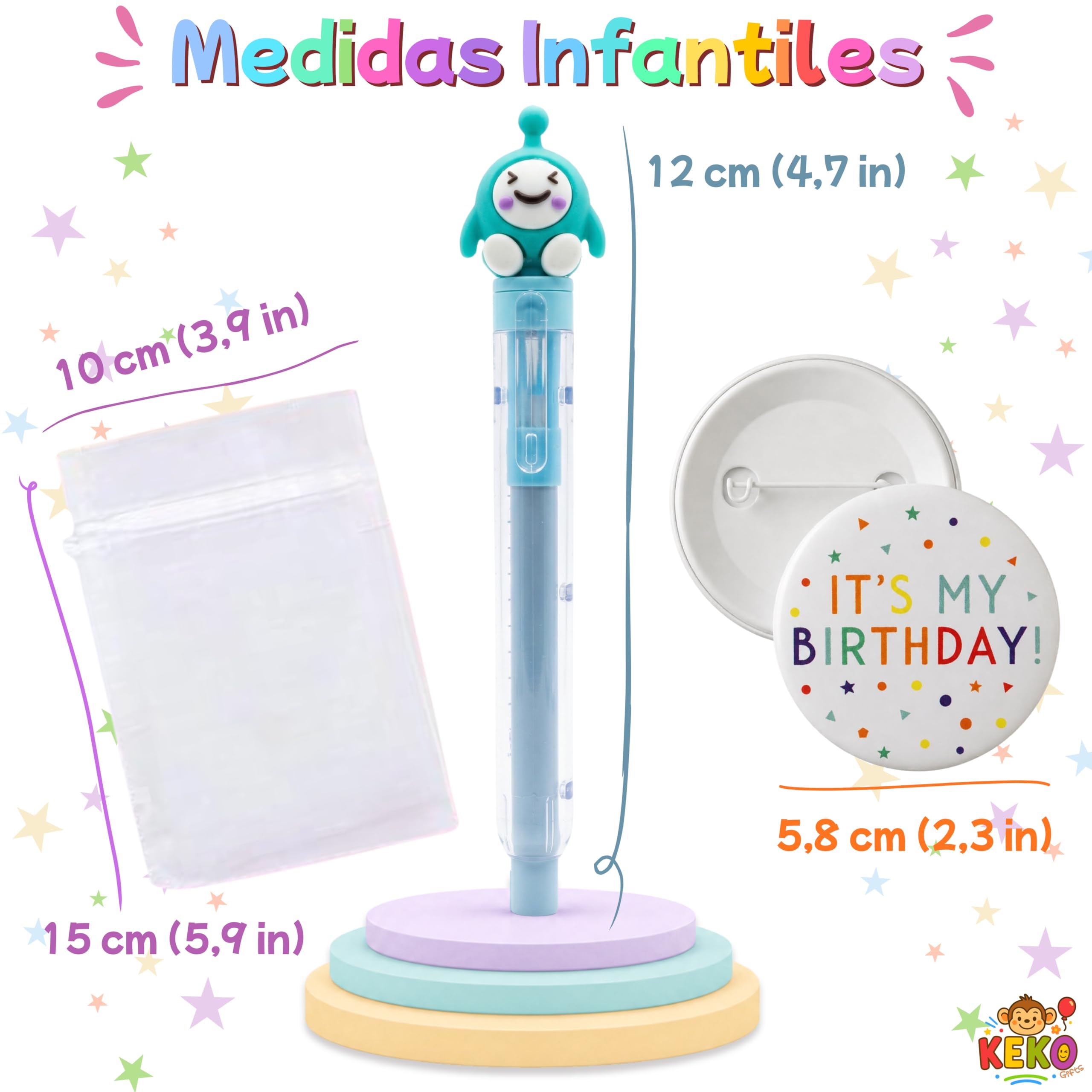 KeKo Pack 30 Gomas de Borrar Divertidas, 30 Bolsas,1 Chapa Cumpleañera, Pack Regalos Cumpleaños Niños Colegio, Detalles Cumpleaños Niños Infantil, Regalos Alumnos Primaria, Relleno Piñata Infantil