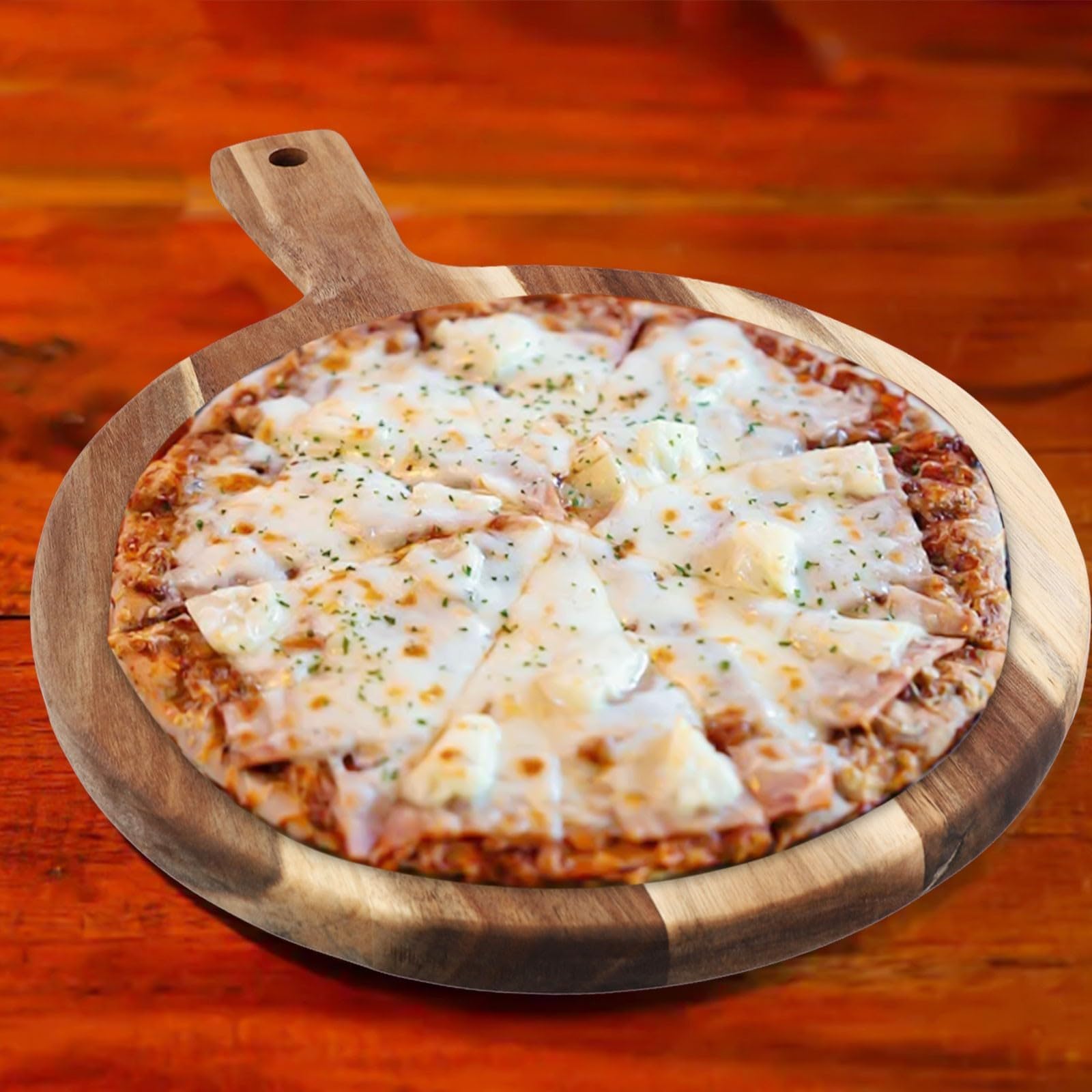 Naturalna deska do krojenia z drewna akacjowego i talerz do pizzy, 40 cm, okrągła konstrukcja, gładka polerowana krawędź, do kuchni, serwowania, wędlin, trwałe i eleganckie przybory kuchenne