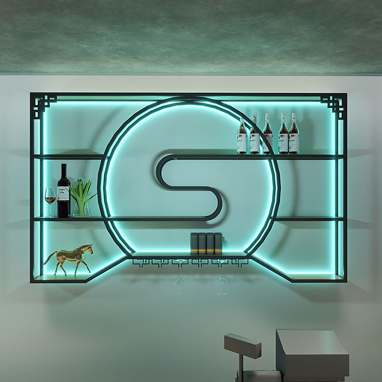 Casier à vin mural LED grande capacité avec support verres pour ranger et illuminer vos bouteilles
