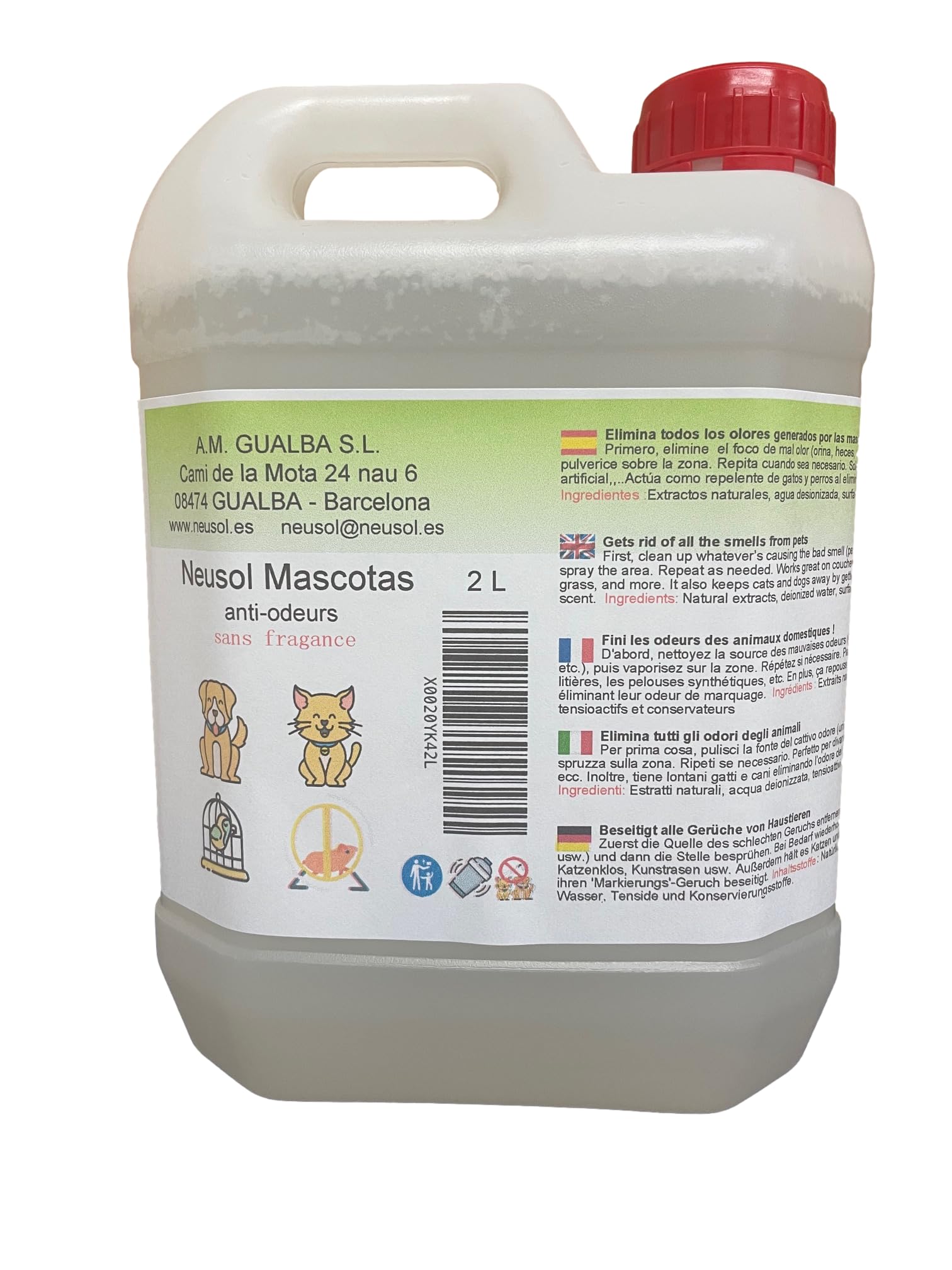 Mascotas 2L Eliminador de olores de mascotas instantáneo. Anti olor orina, heces, vómito de perros, gatos... SIN fragancia Repelente de micciones.