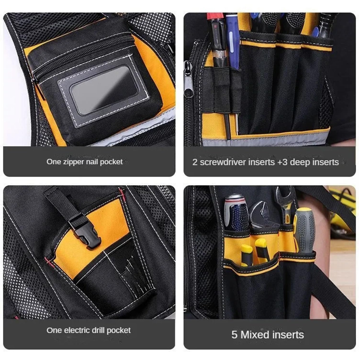 Herramienta Chaleco Traje de Trabajo Chaqueta Correa Pesca Chaleco Reflectante Ajustable con Porta Martillo Extraíble para Electricista Carpintero Construcción