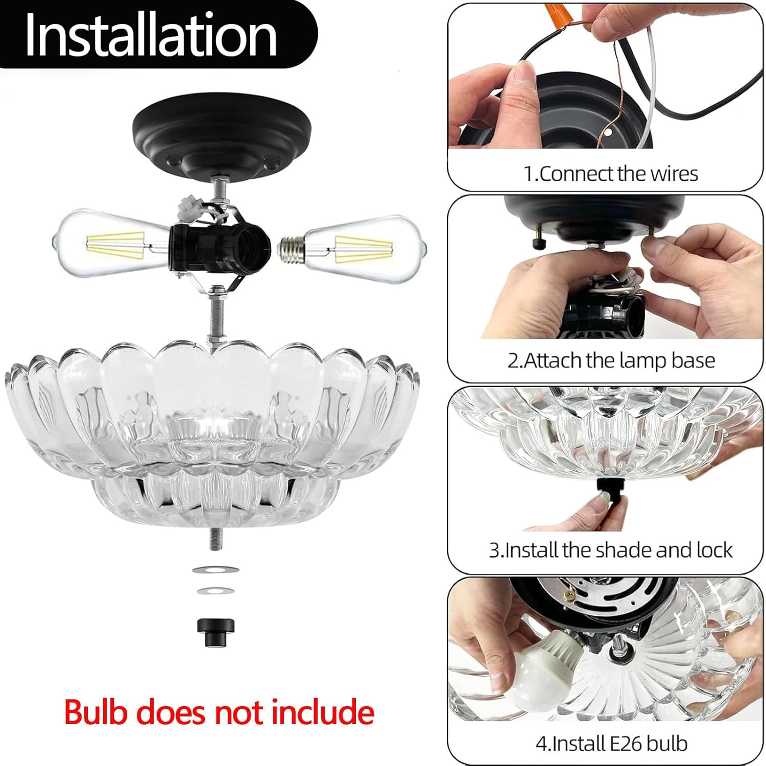 Vintage Ceiling Light, Black Semi Flush Mount Lighting with Scalloped Clear Glass Shade, Hallway Light Fixtures Ceiling Mount, Modern Farmhouse Chandelier for Kitchen Bathroom, 3 Lights