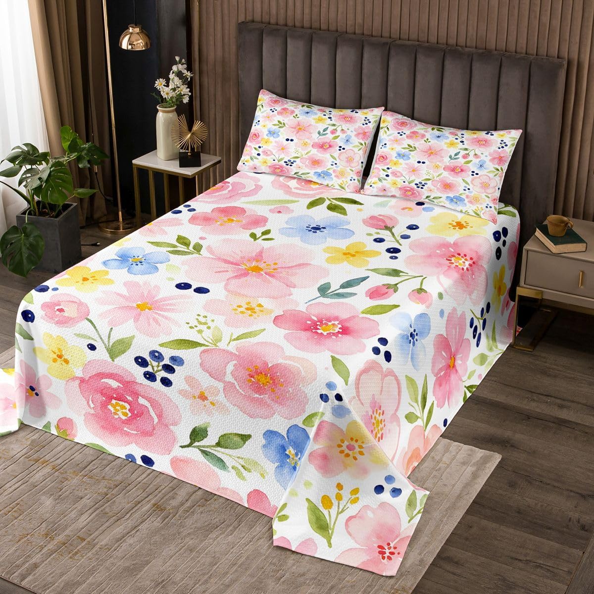jejeloiu Floral Bedspread Quilts Chic Yellow Flower Coverlet Set Queen Size for Kids Boys Girls Girls Flower Quilted Coverlet for All Season with 2 Pillowcases Boho Microfiber