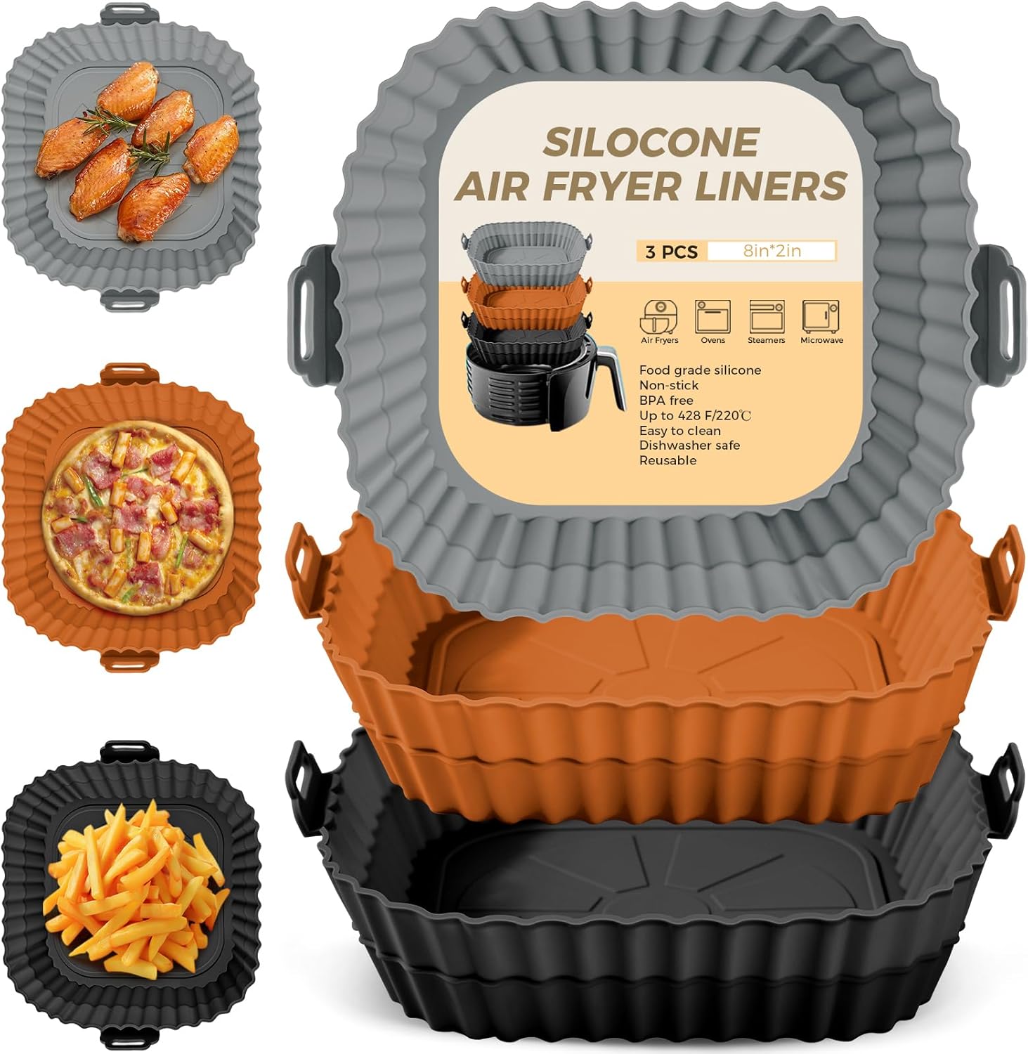3 Pack Air Fryer Liners Silicone, Reusable Air Fryer Accessories Food