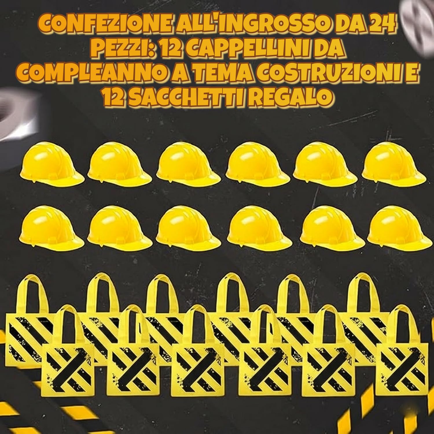 Bedwina Articoli per feste a tema Construction (24 pz) – 12 cappellini gialli da cantiere per bambini e 12 sacchetti regalo a tema Construction