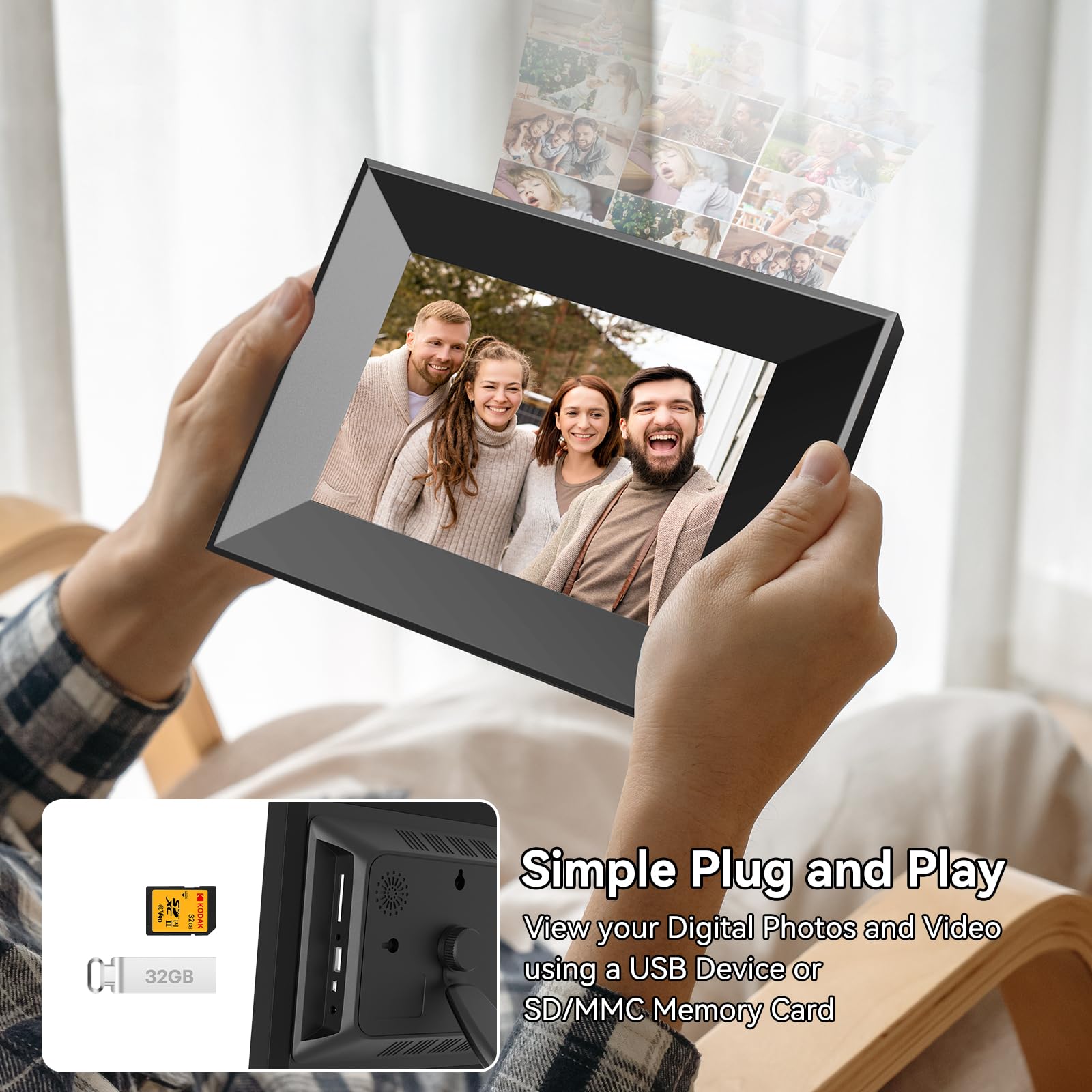 Marco Digital de 8 Pulgadas con WiFi, Smart Cloud, Marcos electrónicos de Madera, HD IPS, Pantalla táctil de 1280 x 800, 16 GB de Memoria, rotación automática, Compartir Fotos y vídeos con la