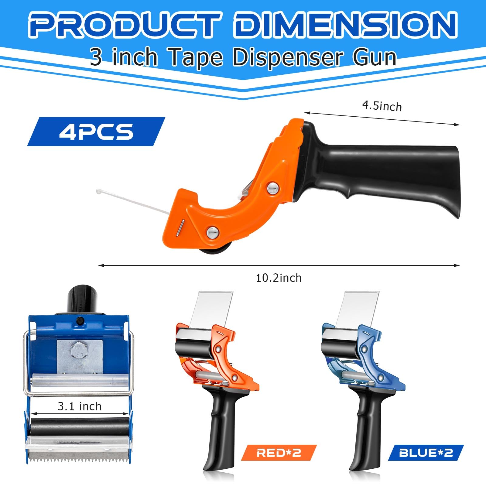 Jetec 4 Stück 7,6 cm Verpackungsbandabroller Verpackung Industrie Klebebandpistole Spender mit Klinge Rot und Blau Klebebandpistole für Verpackungsboxen Heavy Duty Leichter Bandschneider für