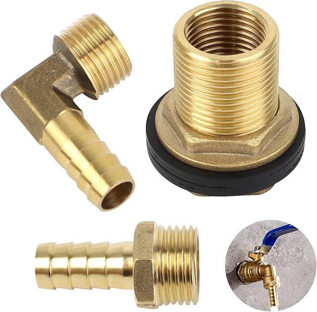 Fumanduo 3 PCS Brass Hose Fitting, Elbow Garden Water Tube Connector Adapter Brass Pipe Connector Fitting Threaded Connector Hose Socket with with Silicone Gaskets for Water Tanks