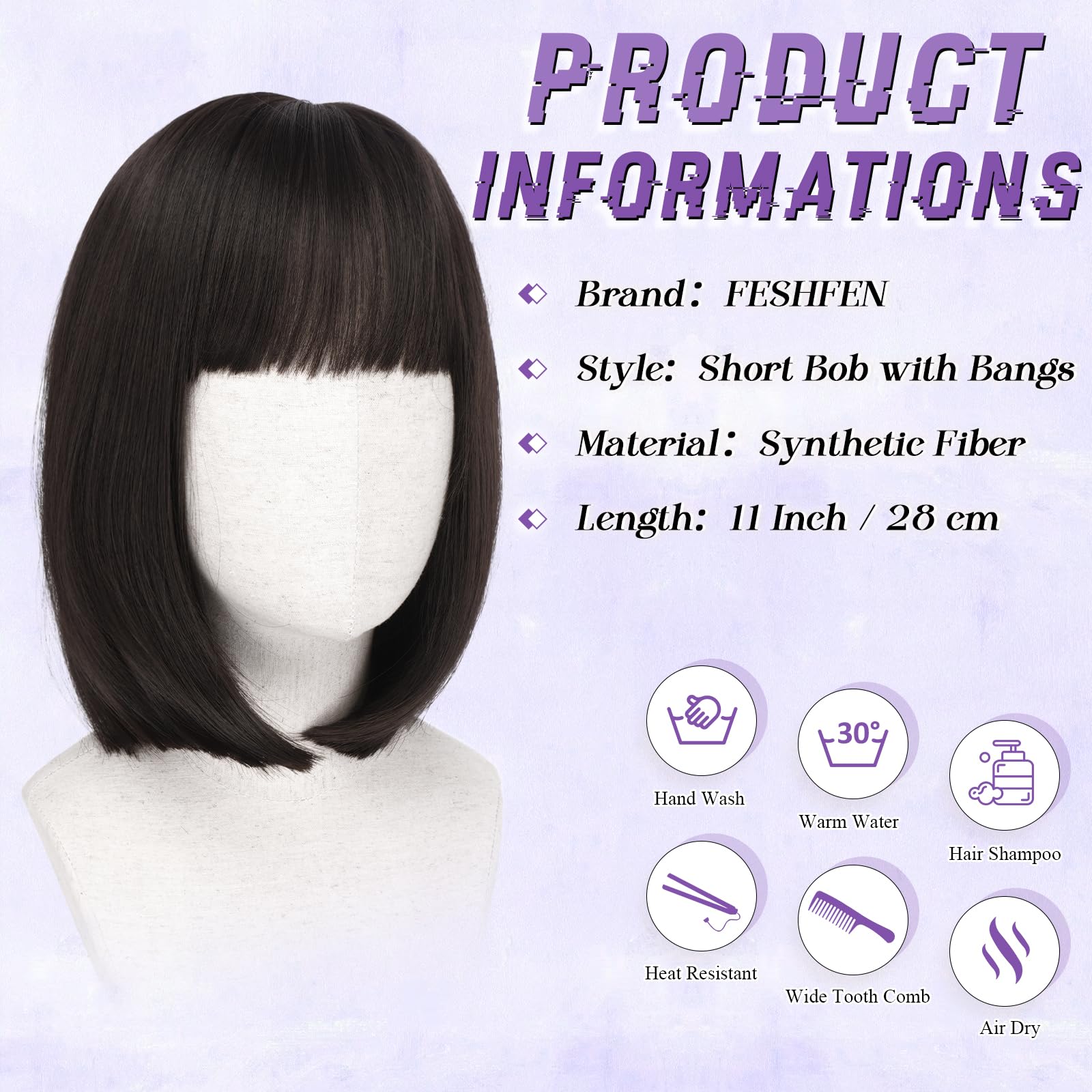 FESHFEN Schwarz Braun Kurze Bob Perücken mit Pony, 28 cm Gerade Black Brown Wig für Karneval Synthetische Bunt Cosplay Haar Tägliche Party Neon Perücke für Frauen Kostümparty