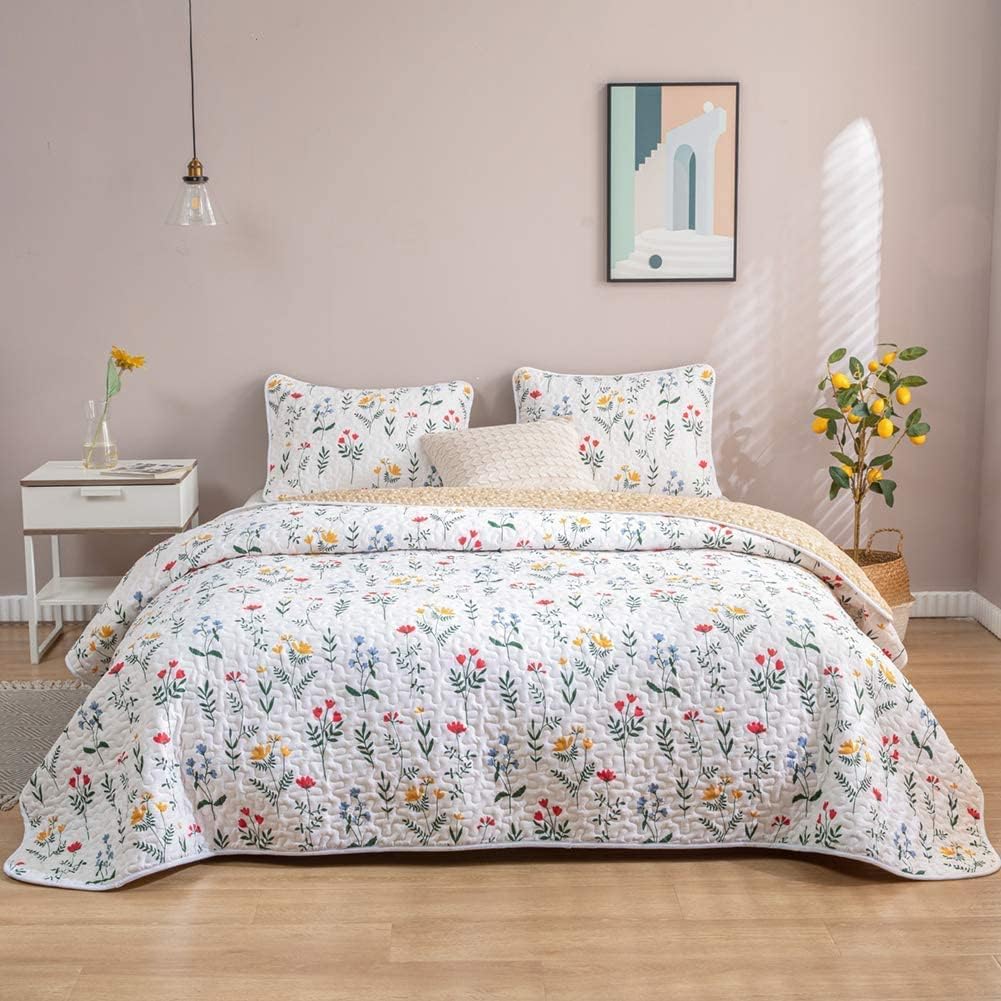 Flower Quilt Set Floral Twin Quilt Bedspread Red Yellow Wildflower and Dots Reversible Coverlet Garden Style Nature Botanical Bedding Set for All Season 1 Quilt 1 Pillowcase(Twin, White)