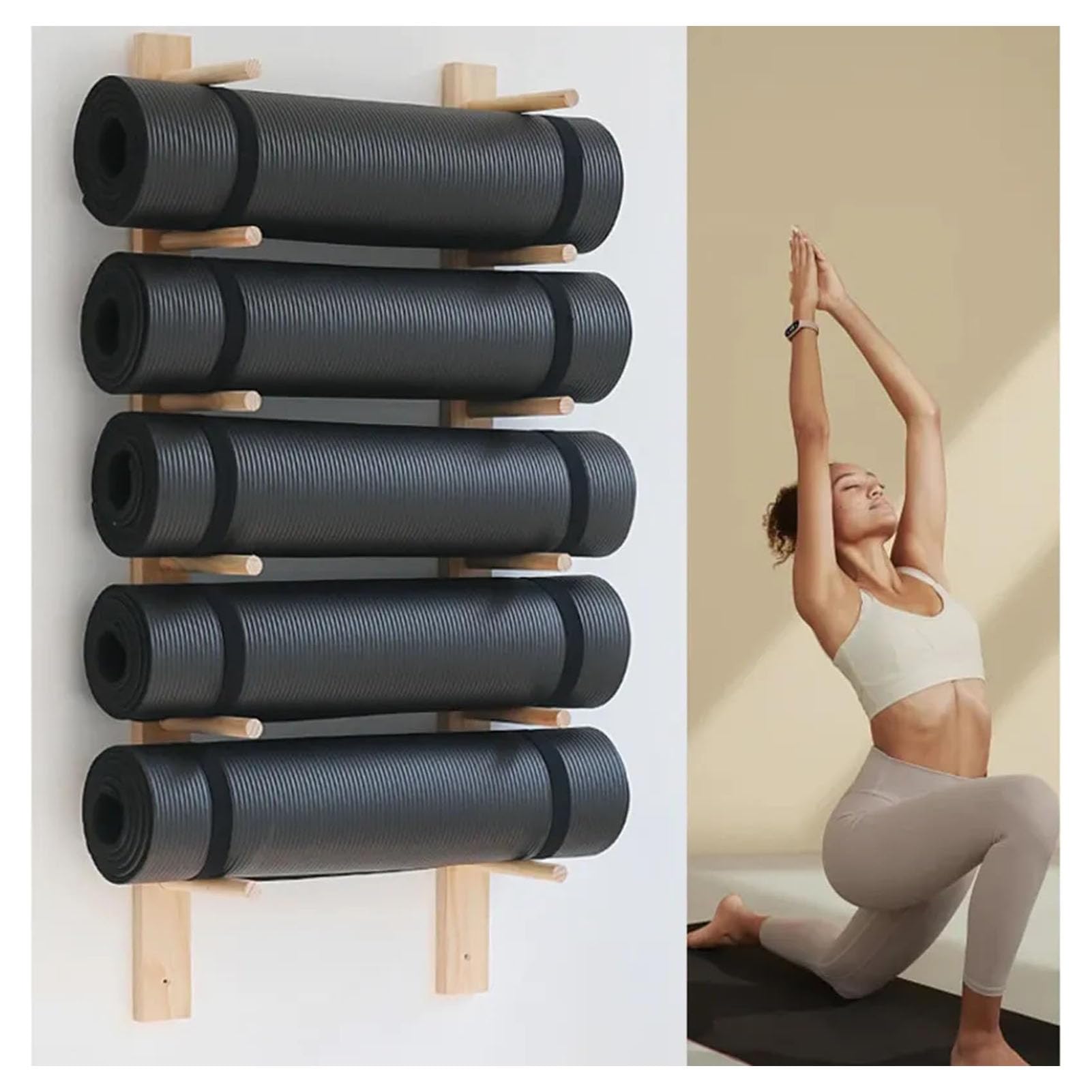 Support mural tapis de yoga en bois | Étagère 6 niveaux gain de place studio
