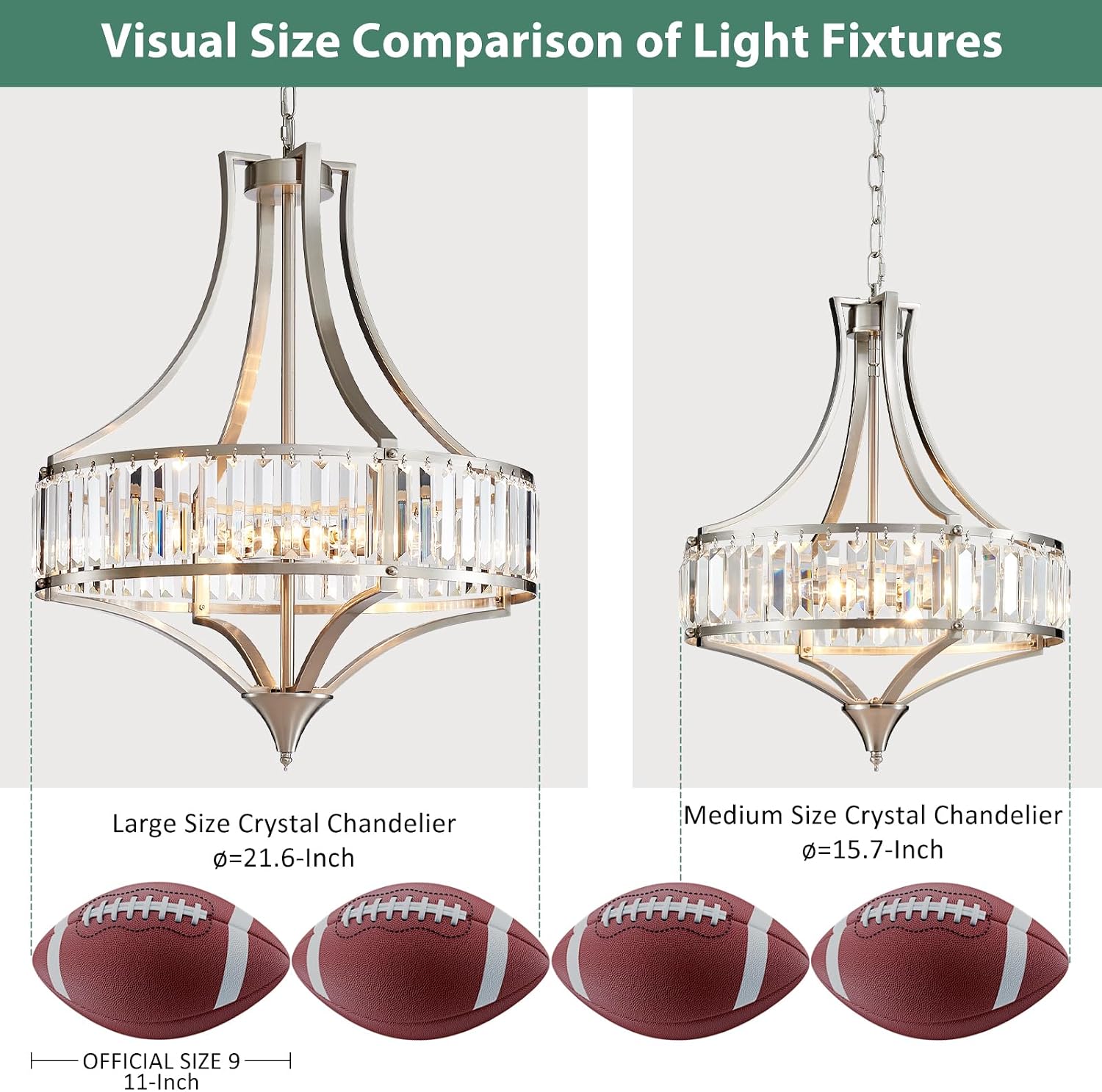 Modern Crystal Chandelier Brushed Nickel, 6-Light Round Pendant Lighting Fixtures, 21.6" Height Adjustable Ceiling Light for Living Room, Kitchen, Dining Room