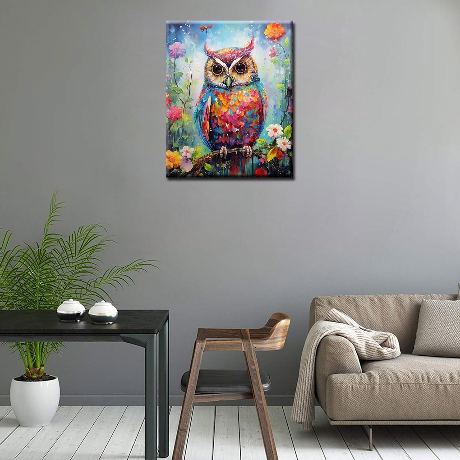 Tucocoo Cute Owl Paint by Numbers Kits with Brushes and Acrylic Pigment on Canvas Painting for Adults, Colorful Floral Abstract Animal Arts Crafts Project for Home Decor Gifts 16''x20'' (DIY Framed)