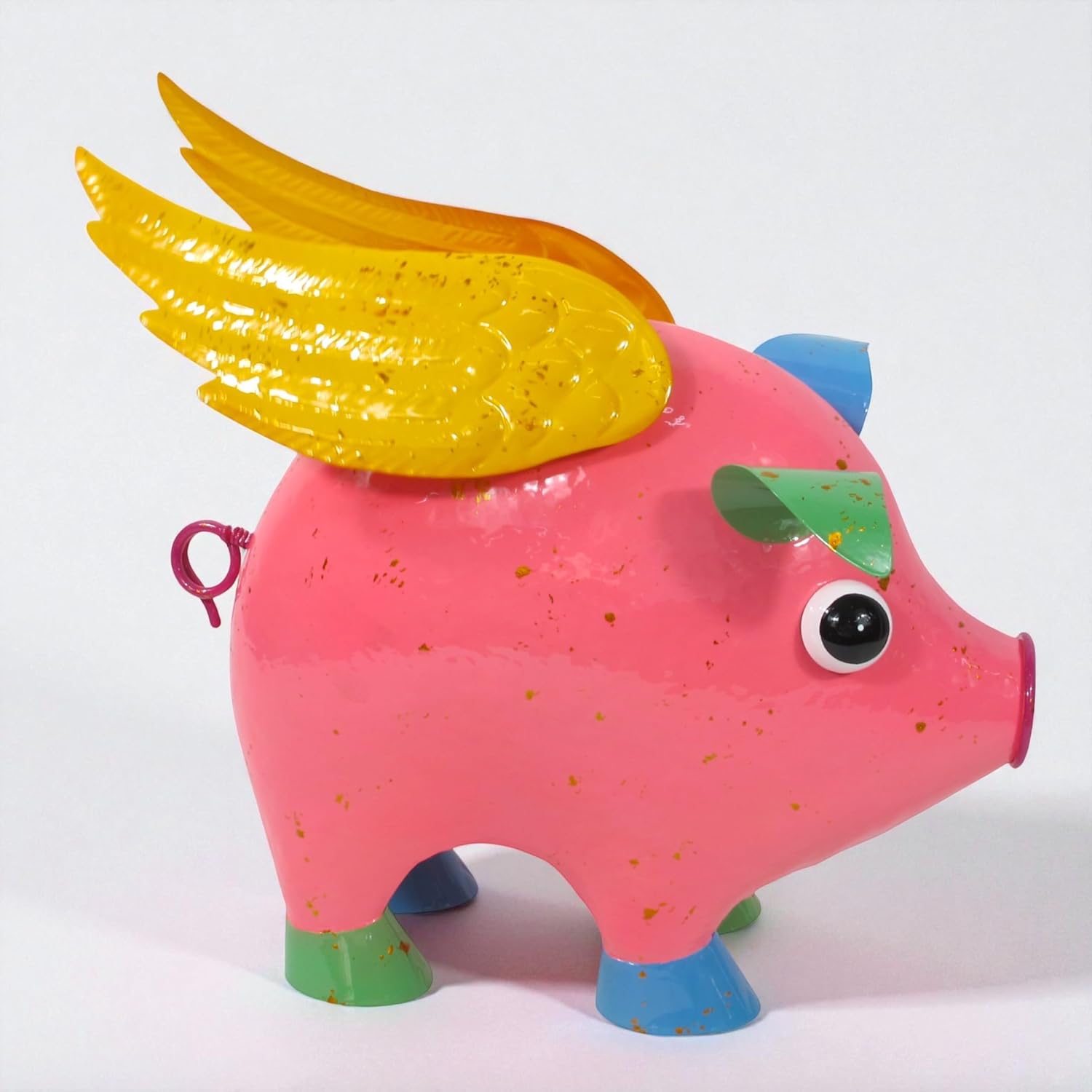 Colorful Enameled Metal Flying Pig Statue - Pink, Patio and Lawn Outdoor Garden Decor, Indoor Home Decoration, Yard Art, Farm Animal Sculpture