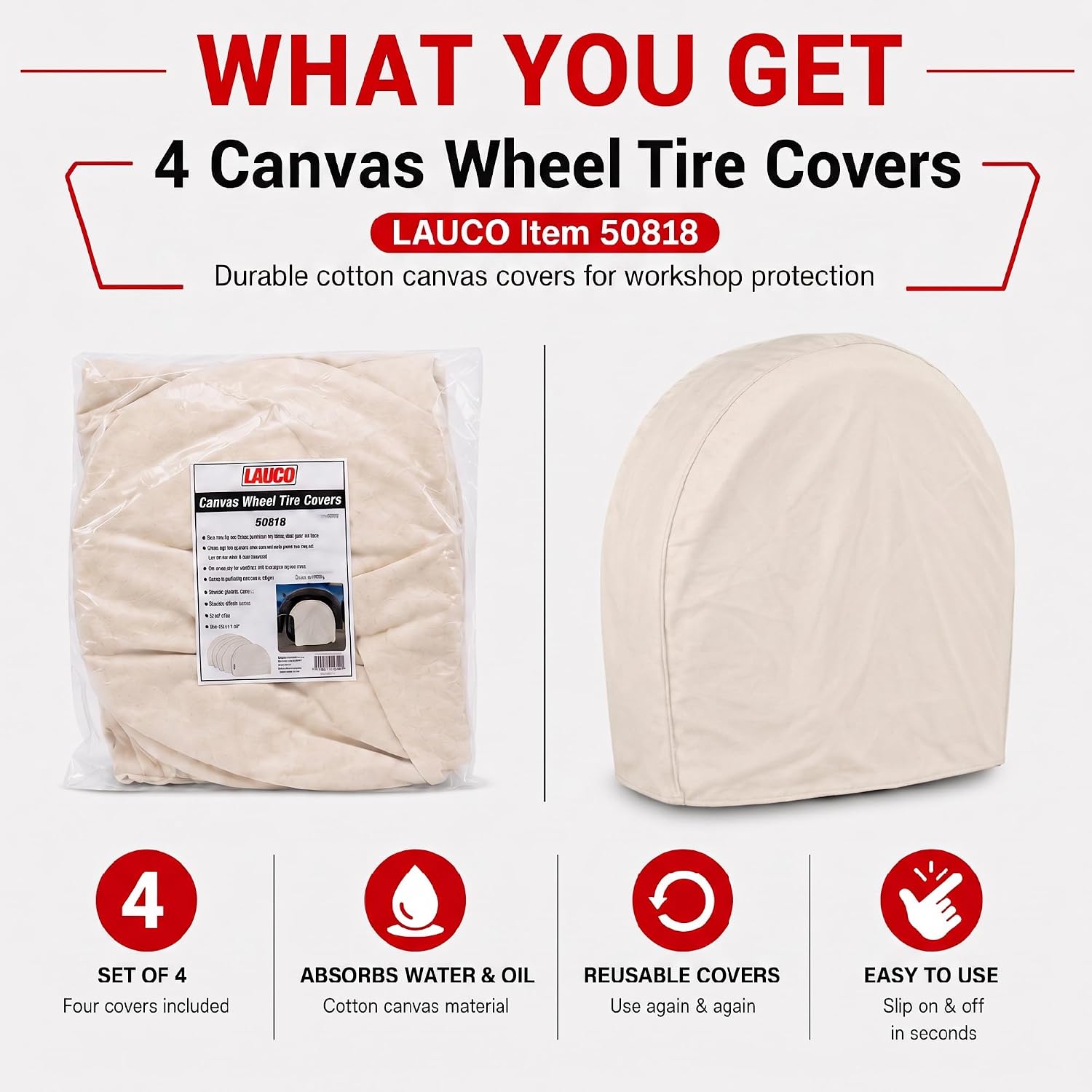 LAUCO Canvas Wheel Tire Covers Set of 4, Absorbs Water and Oil - Protector for RV, Auto, Truck, Car, Camper, SUV, Trailer, Suitable for 27.5 inch Diameter Tire 50818