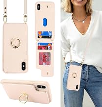 for iPhone X/XS Phone Case with Card Holder and Strap for Women,Crossbody Lanyard,Kickstand Ring Stand,Snap Clasp,Phone Wallet Cases 5.8 inch(Beige)
