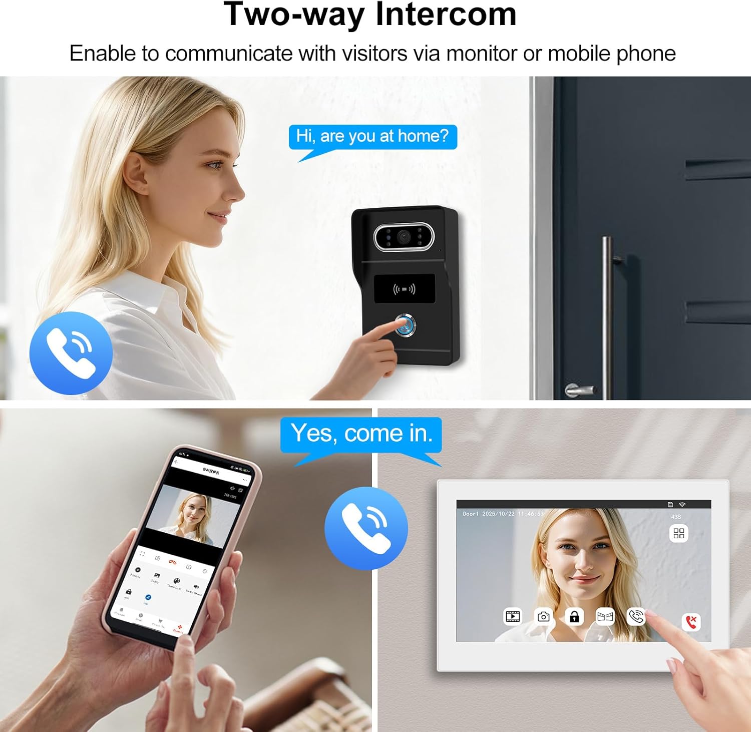 Image illustrating two-way intercom communication, showing a person speaking into the outdoor unit and another person viewing and responding via the indoor monitor or a mobile phone.