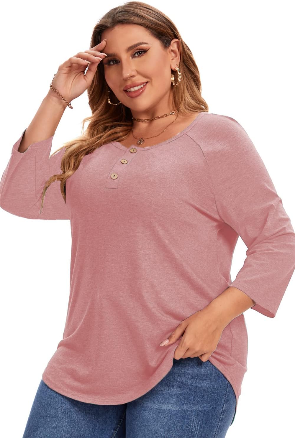 3/4 Sleeve Shirts for Women Plus Size Casual V Neck Blouses Color Block Henley Shirts - Image 4