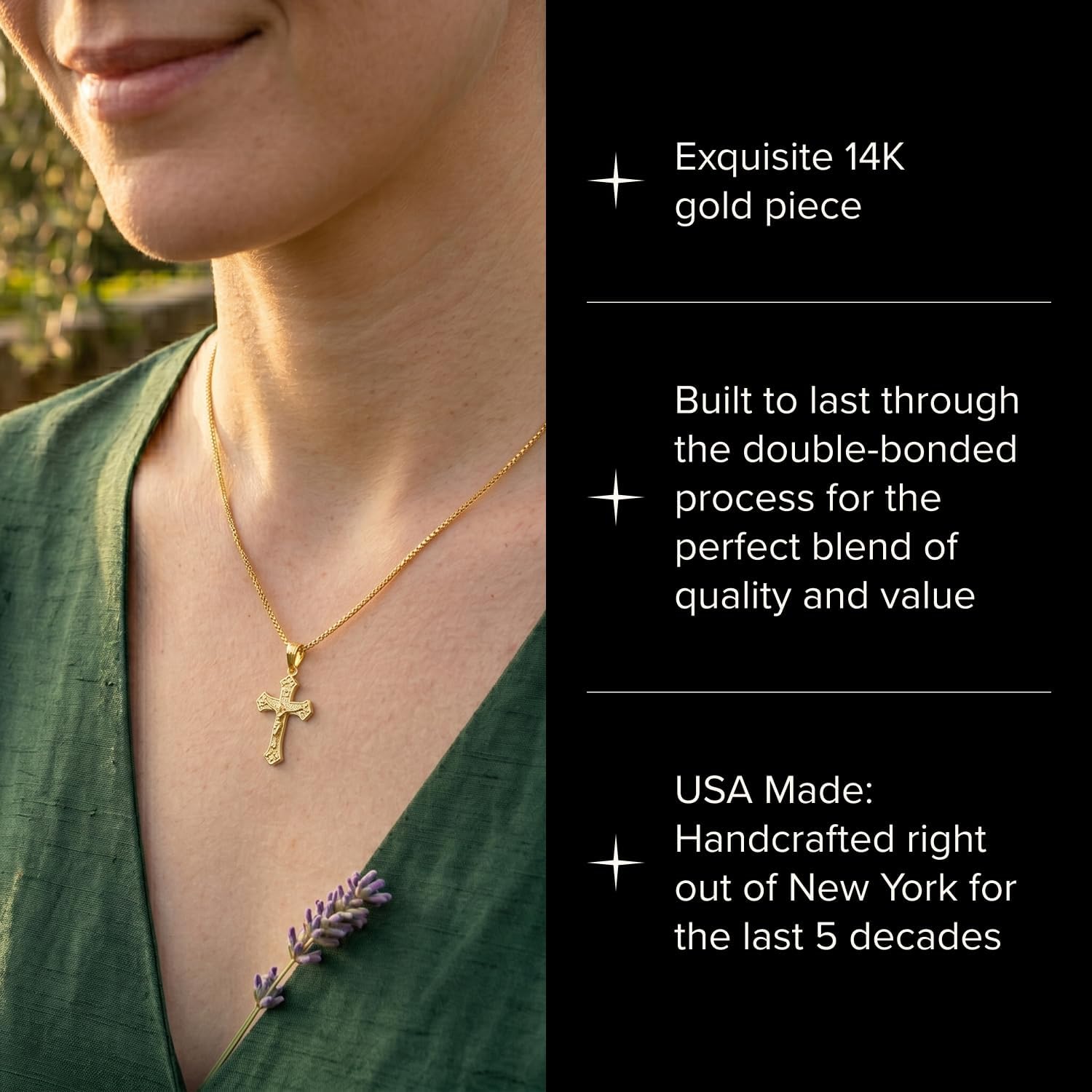 Cross+Crown Premium 14K Gold Ornate Crucifix Necklace for Women & Men, Durable Double-Bonded 14K Yellow Gold Crucifix to Avoid Tarnishing, Authentic Ornate Crucifix Pendant for Men & Women with Premium Jewelry Box, Handcrafted in the USA