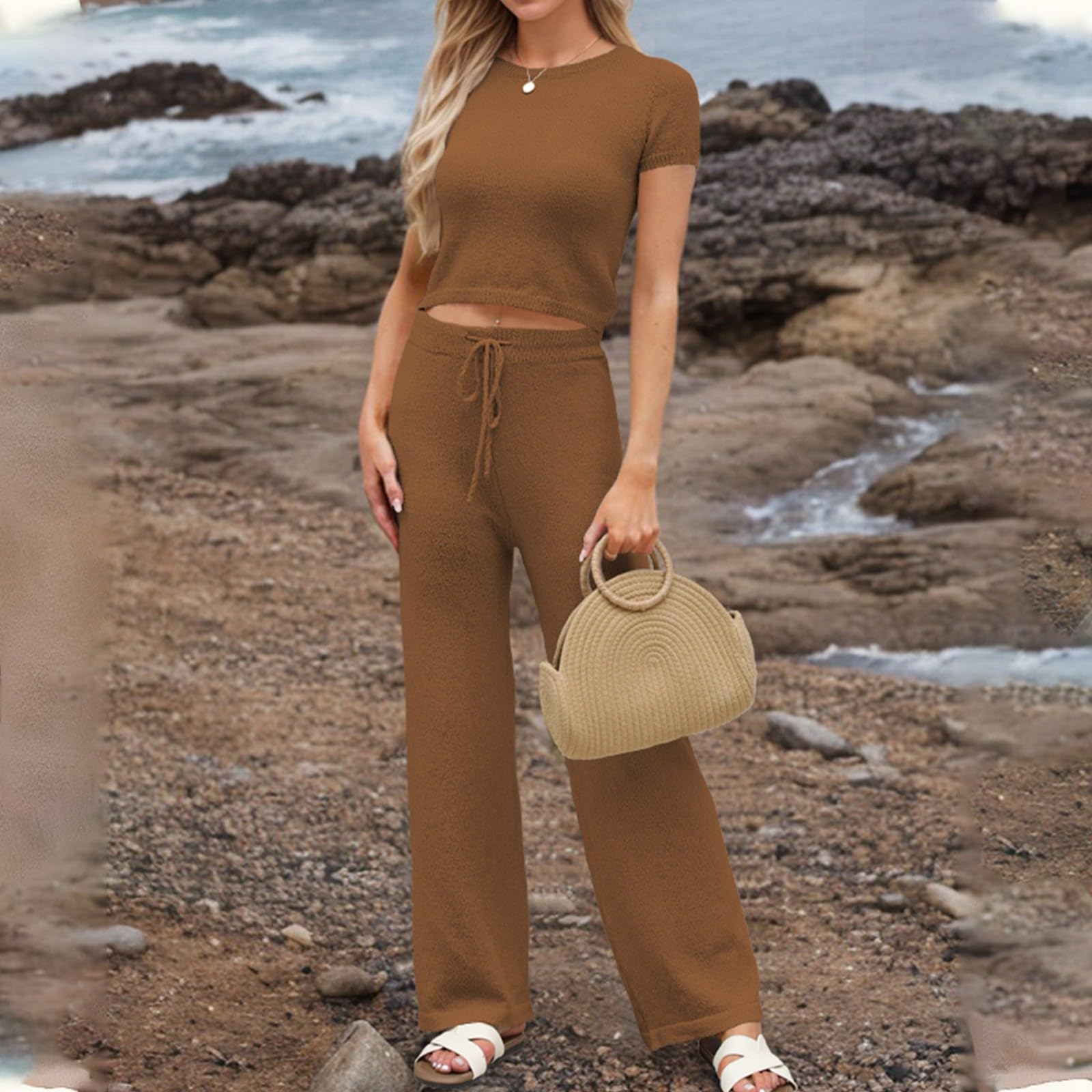 Tops Y Pantalones Mujer Primavera Cintura Alta Manga Corta Escolar Moderno Color Sólido Cuello Redondo Comodidad