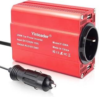 Converter 200W 12V to 230V 2USB Euro Socket Car Voltage Converter Car Cigarette Lighter Adapter, Red